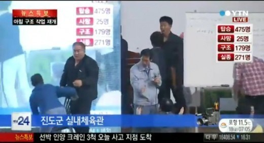▲ 아수라장이 된 진도실내체육관 무대.  ⓒ YTN 방송 캡처