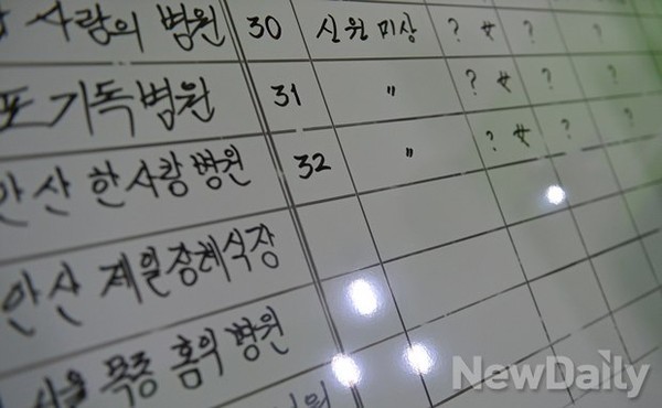 ▲ 사망자 명단이 적힌 게시판ⓒ뉴데일리 정상윤 기자