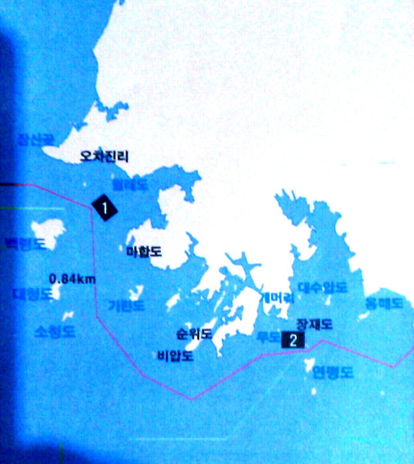 ▲ 북한군이 29일 통보한 사격훈련 지점(사진상 1, 2)ⓒ합참