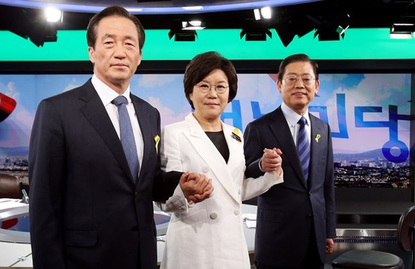 ▲ 지난 29일 새누리당 서울시장 경선 2차TV토론에 참석한 (왼쪽부터) 정몽준, 이혜훈, 김황식 후보. ⓒ 공동취재단