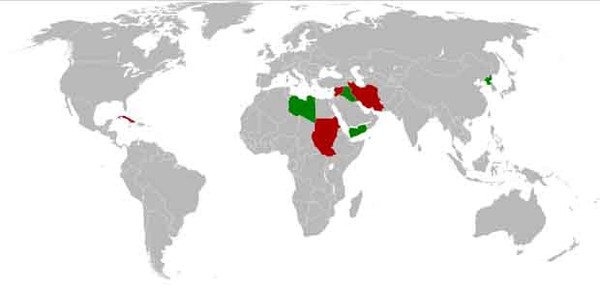 ▲ 美국무부가 지정한 테러지원국과 지정이 해제된 국가. [사진: 위키피디아]