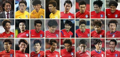 ▲ 홍명보 감독(윗줄부터 왼쪽에서 오른쪽으로), 정성룡, 김승규, 이범영(골키퍼), 김진수, 윤석영, 김영권, 황석호, 홍정호, 곽태휘, 이용, 김창수(수비수), 기성용, 하대성, 한국영, 박종우, 손흥민, 김보경, 이청용, 지동원(미드필더), 구자철, 이근호, 박주영, 김신욱(공격수)ⓒ연합뉴스