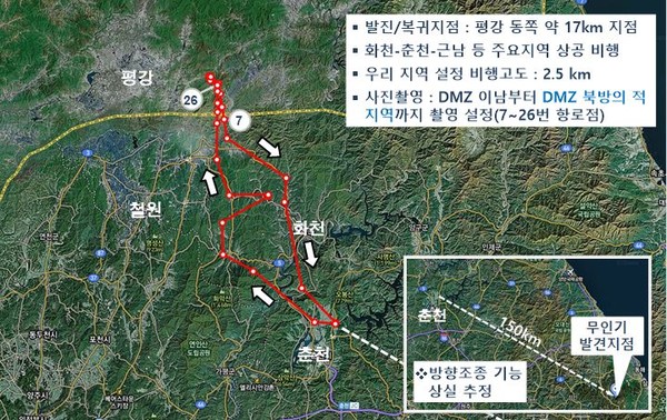 ▲ 3월31일 백령도에서 발견된 무인기의 출발/복귀 비행경로ⓒ국방부