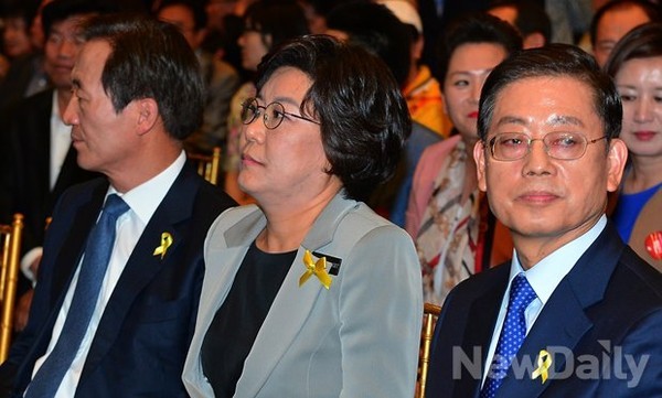 ▲ 새누리당 서울시장 경선에 나선 세 후보가 각기 다른 곳을 바라 보고 있다. 사진은 왼쪽부터 정몽준 의원, 이혜훈 최고의원, 김황식 전 총리. ⓒ 뉴데일리