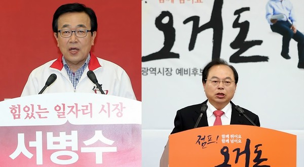 ▲ 서병수 새누리당 부산시장 후보(오른쪽)와 오거돈 무소속 야권단일후보(왼쪽) ⓒ 연합뉴스