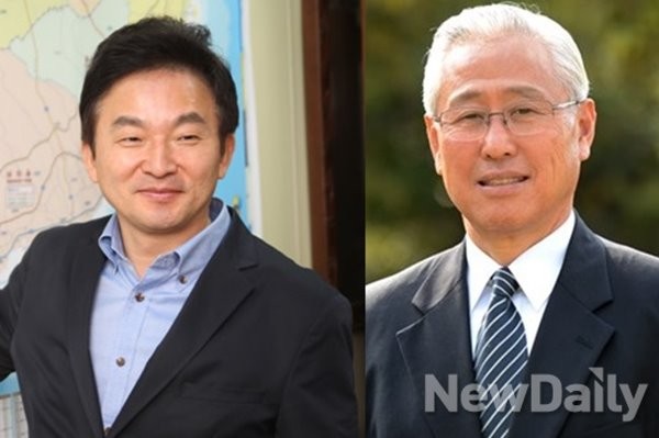 ▲ 제주도지사 선거에 출마한 새누리당 원희룡 후보(왼쪽)과 신구범 새정치연합 후보(오른쪽)모습 ⓒ뉴데일리