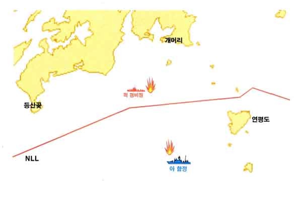 ▲ 지난 22일 우리 해군과 북한군 해안포 간 포격 당시 상황 [그림: 합동참모본부]