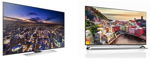▲ 전자업계가 UHD TV에 대한 월드컵 마케팅을 본격 시작했다. 왼쪽부터 삼성전자와 LG전자의 UHD TV. ⓒ삼성, LG전자 제공