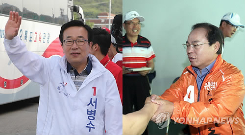 ▲ 부산시장 선거에 출마한 새누리당 서병수 후보(왼쪽)와 무소속 오거돈 후보가 27일 금정구 금정문화회관과 강서구 강서체육공원 체육관에서 지지를 호소하고 있다. ⓒ 연합뉴스