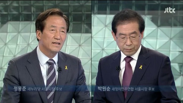 ▲ 정몽준 새누리당 서울시장 후보(왼쪽) 박원순 새정치민주연합 후보(오른쪽) ⓒJTBC