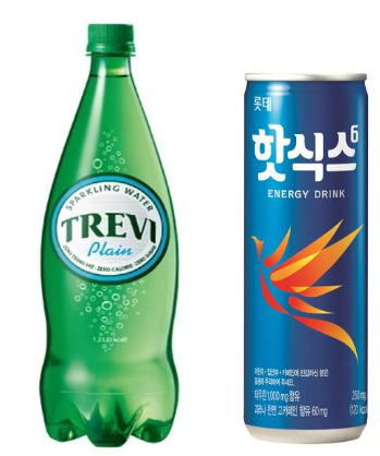 ▲ 롯데칠성 탄산수 '트레비'와 에너지음료 '핫식스' ⓒ롯데칠성