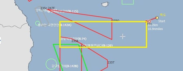 ▲ 노란색 사각형이 정부가 통보한 항행금지구역.ⓒ뉴데일리DB