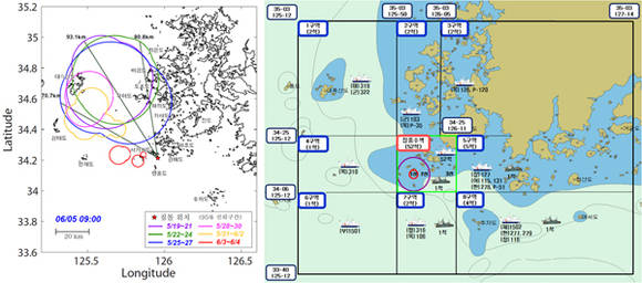 ▲ 6월6일 표류예측시스템(왼쪽)과 해경 수색구역도.ⓒ정진후 의원실