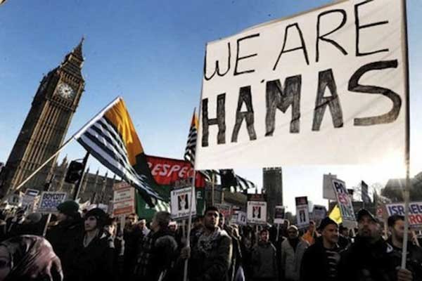 런던에서 반정부 시위를 벌이는 이슬람 극단주의자들. 이들은 하마스를 지지한다. [자료사진]