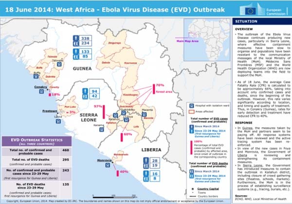 ▲ 지난 6월 18일 현재 UN인도적활동조정관실에서 발표한 서아프리카 지역 에볼라 바이러스 상황. [그래픽: UNOCHA ]