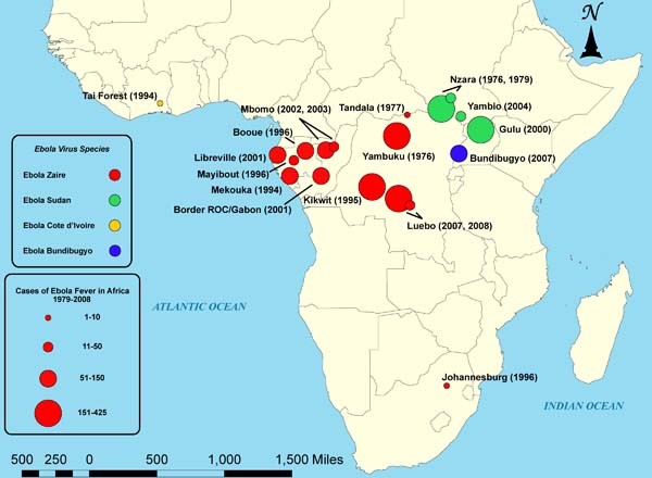 ▲ 1976년 첫 발견된 뒤 에볼라 바이러스가 나타난 주요 지역. [사진: 위키피디아]