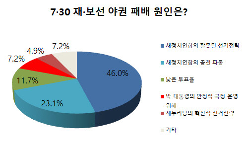 ▲ [그래픽 재구성] 열 명 중 일곱 명의 국민들은 7·30 재·보선에서 야권이 패배한 원인을 '새정치연합의 잘못된 선거전략' '새정치연합의 공천 파동' 등 새정치연합 스스로의 잘못 때문으로 보고 있는 것으로 나타났다. ⓒ정도원 기자