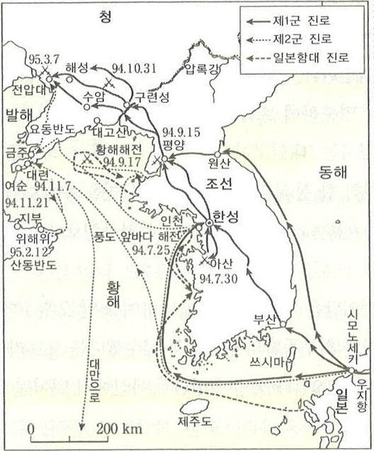 ▲ 청일전쟁 개념도와 전투날짜.(자료사진)