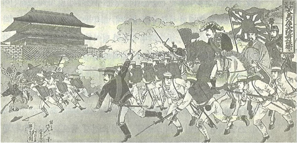 ▲ 일본 보도화가의 '경복궁 전쟁' 상상도. 일본공사가 대원군을 호위하여 궁문으로 쳐들어가는 장면. 1894.7.23. (도서출판 어문학사, 청일-러일전쟁에서)