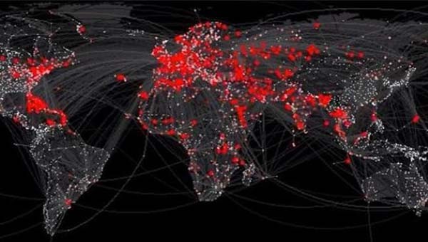 ▲ 호주의 한 의료관련 기간이 시뮬레이션으로 표시한 전 세계 전염병 확산 루트. [사진: 웹 검색]