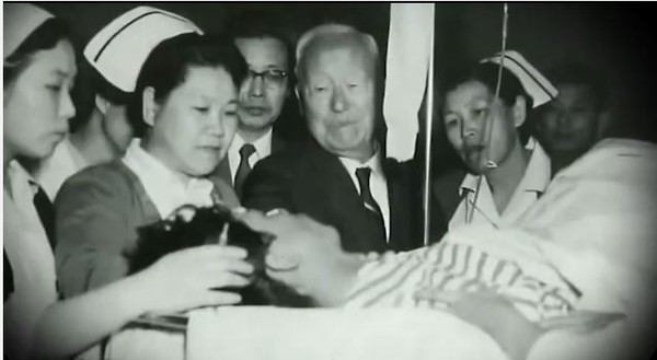 ▲ 서울대 병원을 방문, 부상한 데모학생 손을 잡고 눈물을 흘리는 이승만 대통령.