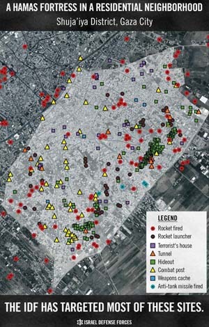 ▲ 이스라엘 정보기관과 군 당국이 파악한 가자 지구 셰자이아 지역의 하마스 활동 지도 [사진: 이스라엘 방위군 블로그]