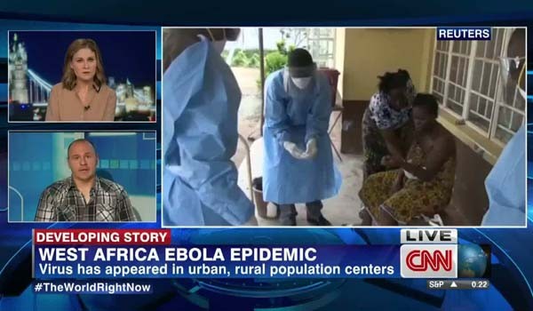▲ 서아프리카 지역에서의 에볼라 바이러스 확산을 보도하는 美CNN. [사진: CNN 보도화면 캡쳐]