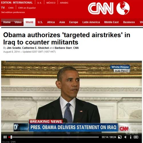 ▲ 7일(현지시간) 미군의 이라크 IS 공습을 승인하는 버락 오바마 美대통령 [사진: CNN 온라인 보도화면 캡쳐]