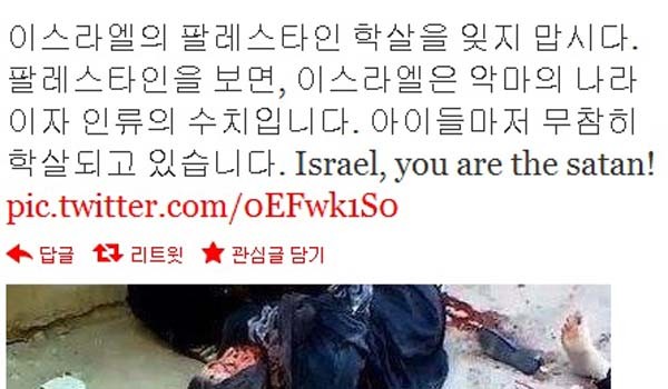 ▲ 이스라엘-하마스 교전 당시 국내 트위터 사용자들이 SNS에 올린 글. 이들 가운데 IS의 기독교도 학살을 비난하는 사람은 찾기가 극히 어렵다. [사진: 트위터 캡쳐]