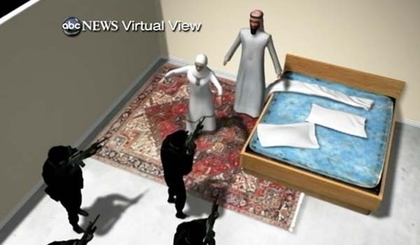 ▲ 2011년 5월 美특수부대원에게 사살된 알 카에다 두목 오사마 빈라덴 또한 죽을 때 자신의 부인들 뒤에 숨었다. 사진은 당시 상황을 재현한 美ABC뉴스 그래픽. [사진: ABC 보도화면 캡쳐]