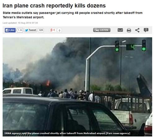 ▲ 10일 오전 9시 18분경 이란 테헤란 인근 주거지역에 소형 여객기가 추락했다. [사진: 알 자지라 해당보도화면 캡쳐]