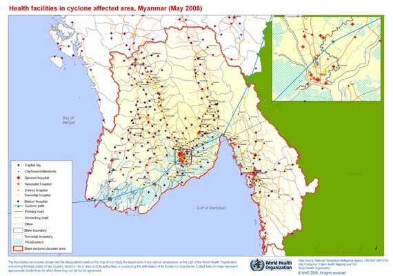 ▲ 2008년 사이클론이 닥친 뒤 전염병 확산을 막기 위해 WHO가 활동한 곳의 지도 [사진: WHO 화면 캡쳐]