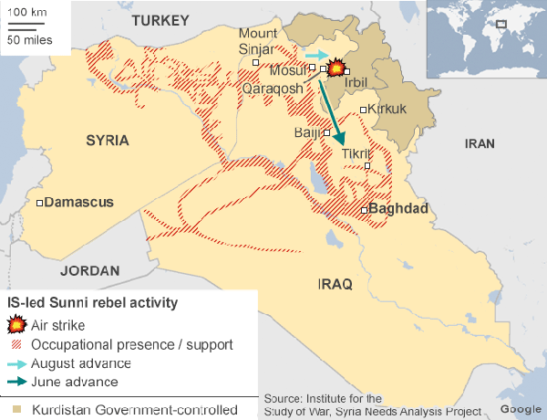 ▲ 미군의 IS공습과 쿠르드 자치정부 상황, IS반군의 주요 침공경로.  [그래픽: BBC 보도화면 캡쳐]