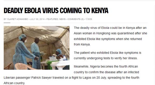 ▲ 현재 에볼라 바이러스 공포는 동아프리카까지 번지고 있다. [사진: 케냐 게토라디오 보도화면 캡쳐]