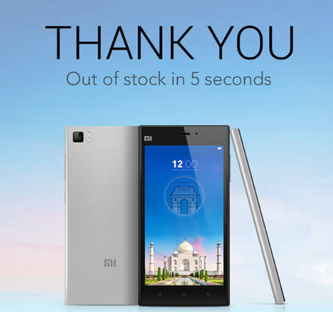 ▲ 샤오미가 지난달 인도에서 판매한 Mi3가 5초만에 매진되자 자사 홈페이지에 올린 감사 이미지 ⓒ샤오미 홈페이지