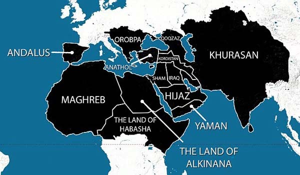 이라크와 시리아 북부의 IS와 보코하람 등이 중기적으로 실현하려는 목표. 검은색이 IS 영토다. [그래픽: 캐나다 글로벌리서치 연구소 리포트 캡쳐]