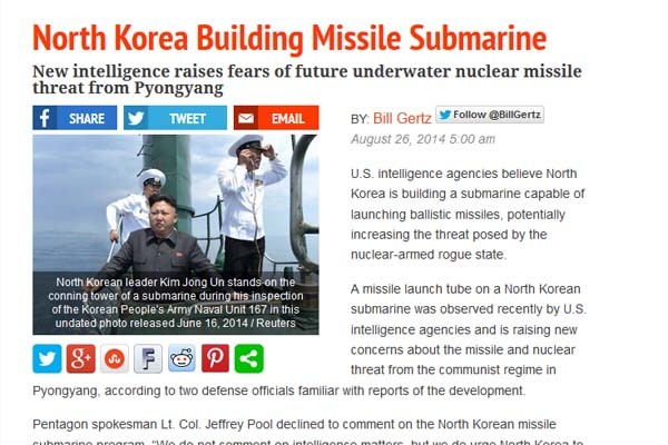 ▲ 美우파 안보매체 '워싱턴 프리비컨'은 "북한이 탄도탄 발사 잠수함을 건조 중"이라고 보도했다. [사진: 워싱턴 프리비컨 해당보도 캡쳐]