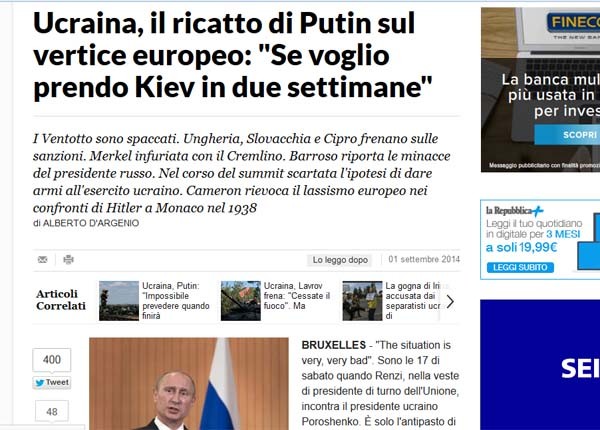 ▲ 이탈리아 언론 '라 레퍼블리카'는 1일(현지시간) 푸틴이 EU 집행위원장에게 한 협박을 보도했다. [사진: 라 레퍼블리카 보도화면 캡쳐]