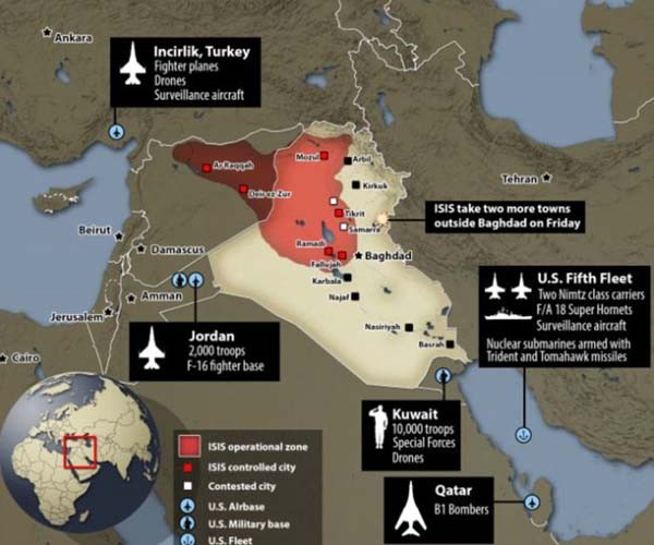 ▲ 지난 8월 초 기준, ISIS 점령 지역과 이들을 타격할 수 있는 미군 전력. 지금 필요한 건 美정부의 정치적 결단 뿐이다. [그래픽: 英데일리 메일 보도화면 캡쳐]