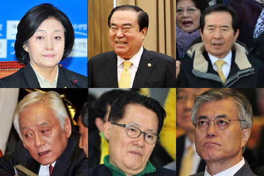 ▲ 새정치민주연합 박영선 국민공감혁신위원장(윗줄 왼쪽)이 소집한 12일 저녁 6자 회의를 통해 새정치연합을 움직이는 실질적인 당의 주인이 누구인지 밝혀졌다는 평이다. 박영선 위원장의 오른쪽부터 시계 방향으로 문희상·정세균·문재인·박지원·김한길 의원. ⓒ뉴데일리 사진부