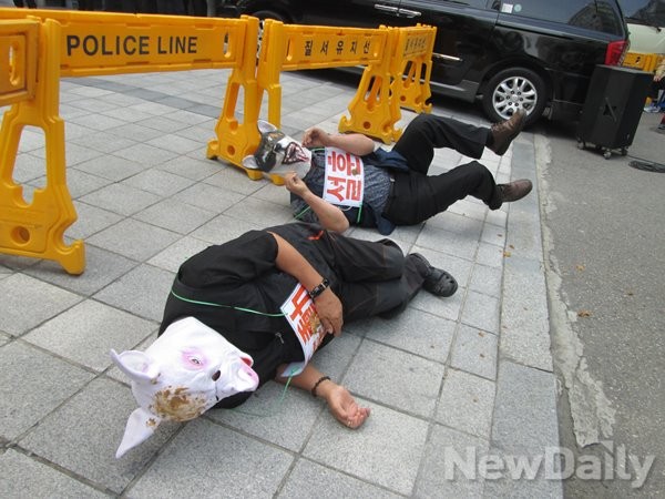 ▲ 어버이연합 회원 두명이 15일 서울 여의도 새정치민주연합 당사 앞에서 '개', '돼지' 가면을 쓰고 설훈 의원을 풍자하는 퍼포먼스를 벌이고 있다. ⓒ뉴데일리=유경표 기자