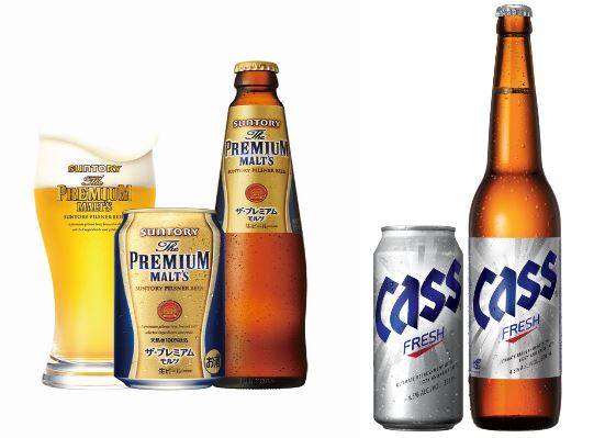 ▲ 산토리 프리미엄 몰트(왼) 카스 후레쉬(오)ⓒ오비맥주