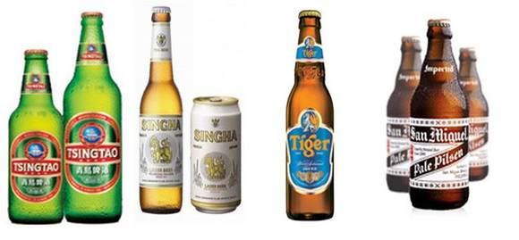 ▲ 왼쪽부터 칭다오, 싱하, 타이거 골드 메달, 산 미구엘ⓒ오비맥주