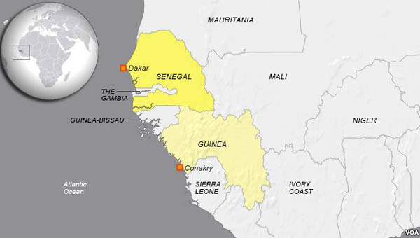 ▲ 서아프리카 지역에서 발병한 에볼라 바이러스가 계속 확산되고 있다. 세네갈은 인접국과의 국경을 봉쇄했다. [그래픽: 미국의 소리 방송 캡쳐]