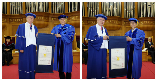 ▲ ⓒ김남석(왼쪽 오른편) 계명문화대 총장과 하춘수(오른쪽 오른편) DGB금융그룹 회장이 신일희 총장으로부터 학위기를 받고 있다.   