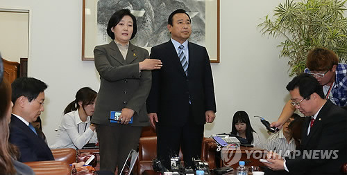 ▲ 29일 오전 국회 운영위원회 위원장실에서 비공개 회담을 마치고 나온 새정치민주연합 박영선 원내대표와 새누리당 이완구 원내대표. ⓒ연합뉴스