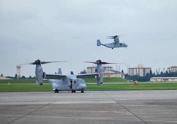 ▲ 日오키나와 후텐마 기지에서 이륙하는 美해병대의 MV-22 오스프리. ⓒ美국방성 매체 '성조지' 화면 캡쳐