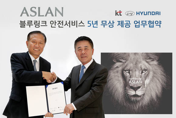 ▲ 현대차 곽진 부사장(오른쪽)과 KT 신규식 부사장(왼쪽)이 블루링크 업무 협약을 체결한 후 악수하고 있다. ⓒ현대차