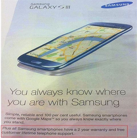 ▲ 갤럭시S3의 ‘품질보증기간 2년’을 홍보한 삼성전자 의 미국 현지 광고(2012년 10월).ⓒ장병완 의원실 제공