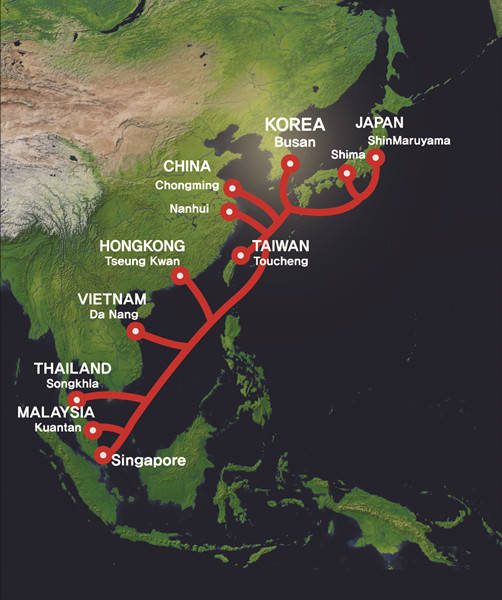 ▲ APG NOC가 관제하는 아시아 9개국의 해저케이블 구성도ⓒKT